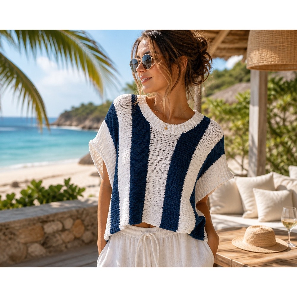 White Crow Striped Knit Sweater Oversized Beach Resort Vacation Nautical Coastal